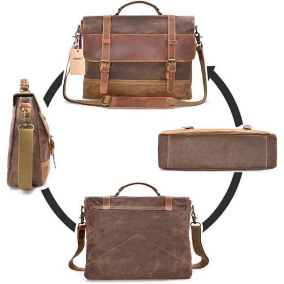 Messenger Bag Waterproof Vintage Genuine Leather Canvas Briefcase Laptop BROWN - Picture 4 of 7