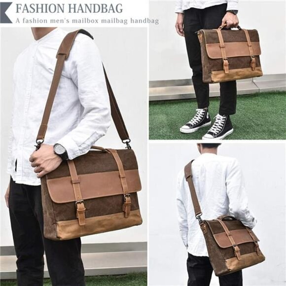 Messenger Bag Waterproof Vintage Genuine Leather Canvas Briefcase Laptop BROWN - Picture 5 of 7