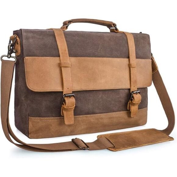 Messenger Bag Waterproof Vintage Genuine Leather Canvas Briefcase Laptop BROWN - Picture 1 of 7