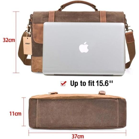 Messenger Bag Waterproof Vintage Genuine Leather Canvas Briefcase Laptop BROWN - Picture 7 of 7