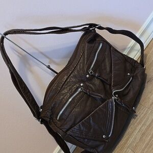 Brown Hobo Vegan Leather Multi Zippered Shoulder Bag