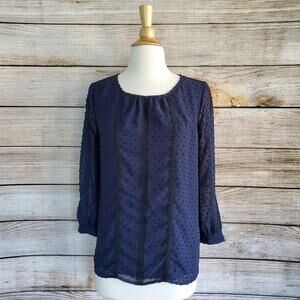 J. Crew Navy Blue Black Swiss Dot Lace Chiffon Crewneck Blouse Womens 00