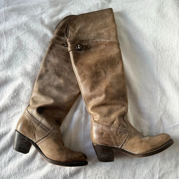 Vintage Frye Jane Leather Tall Boots 77594 Fold over Cuff Made in Mexico Neutral - Picture 2 of 13