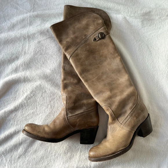 Vintage Frye Jane Leather Tall Boots 77594 Fold over Cuff Made in Mexico Neutral - Picture 3 of 13