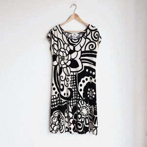 VINTAGE | Y2K Black and Ivory Abstract Floral Print Dress | 8