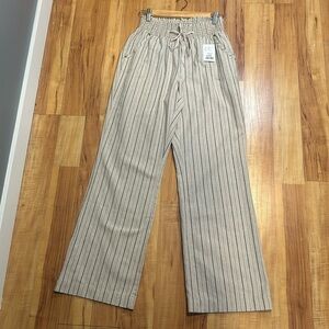 Linen look striped mushroom pull on pants with elastic toe waist and pockets Lg