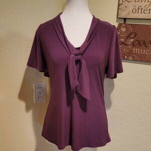 Beacon Apparel Purple Suz Tie Neck Flutter Sleeve Knit Top Size Medium NWOT