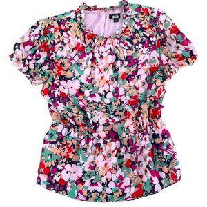 J.CREW XS Ruffle Neck Blouse Floral Print‎ Chiffon Peplum Short Sleeve Keyhole