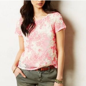 Anthropolgie Meadow Rue L short sleeve mesh top, cream/bright fuschia neon pink