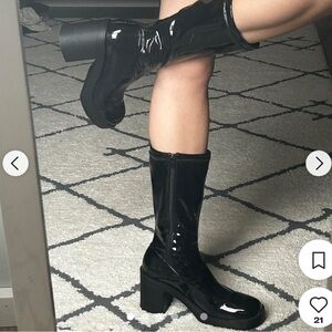 Urban Outfitters Black Patent Platform Chunky Boots Calf High