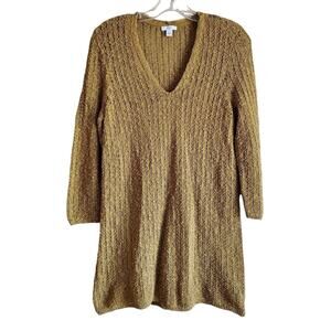 J JILL Women S Sweater Textured Open Stitch Gold Chartreuse 3/4 Sleeve Bust 34"