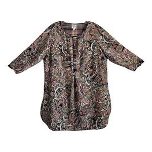 FIG & FLOWER Women's 1X Tunic Top Multicolor Paisley Plaid Textured Chiffon 44"