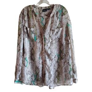 COVINGTON Women's Plus 3X Blouse Sheer Snakeskin Pattern Long Sleeve Button Up