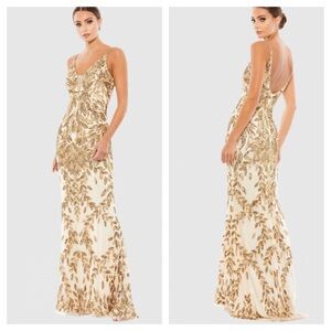 Mac Duggal Embellished Leaf Evening Gown Size 12 Nude Gold