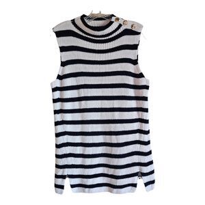 Ann Taylor LOFT Women's M Sweater Tunic Tank Navy White Gold Buttons Striped 36"