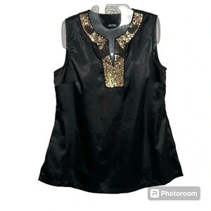 Apt. 9 Black Round Split Neck w/ Gold Sequins Chic Pullover Sleeveless Top sz L