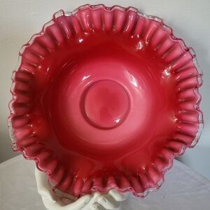 Vintage Fenton Crested Ruffle Glass Bowl In Cranberry 11x11x4.5"