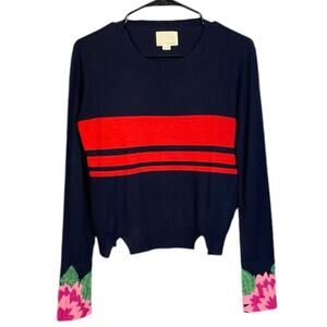 Band Of Outsiders Navy Cashmere Silk Blend Sweater with Red Stripe