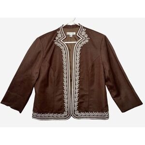 Coldwater Creek Embroidered Open Front Linen Blend Jacket Brown Blazer Womens 16