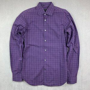 John Varvatos Men Shirt 15 Medium Purple Plaid Button Up Long Sleeve Luxe Formal