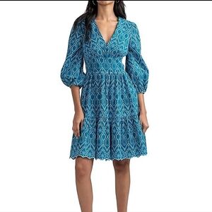 SHOSHANNA Moss Blouson-Sleeve Eyelet fut/Flare Dress Teal-Size 4