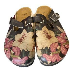 Goby Floral Black Cream Slip On Mules Buckle Birkenstock Like Travel Sz 8.5