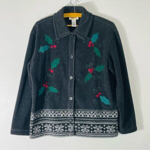 Talbots Poinsettia Christmas Fleece Style 5 Button Jacket/Sweater Size M