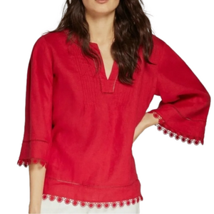 Lauren Ralph Lauren Linen Red V-Neck Peasant Top Embroidered Trim Sleeves Size M