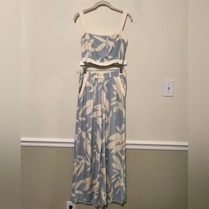 Sienna Sky Blue Cram Tropical Cropped Top Loose Pant Matching Set Beach Vacation