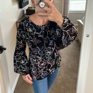 Apt 9 bell sleeved blouse with zippered front and hummingbird pattern