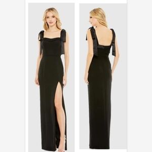 Ieena for Mac Duggal Black Square Neck Tie Strap Slit Gown Sz 8 NWT