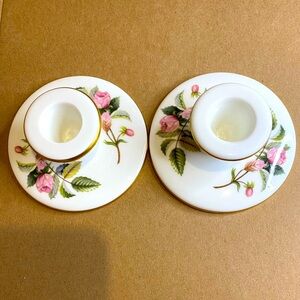 Vtg Pair of Wedgwood Bone China Candlestick Holders White Roses Gold Trim