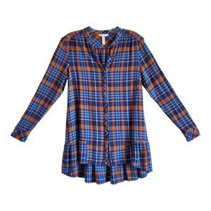 MATILDA JANE Women S Flannel Shirt Blue Orange Plaid Button Up Ruffle V-Neck 34"