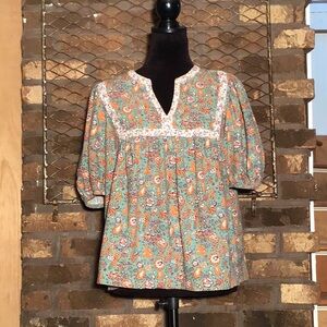 Universal Threads puff sleeve blouse mint green orange maroon cream floral M