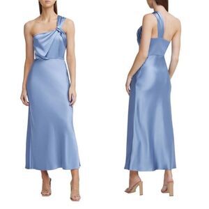 NWT Significant Other Macy One Shoulder Satin Midi Dress in Steel Blue size 2