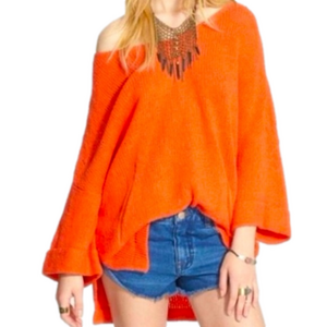 Free People Open Knit V-Neck Drop Shoulder Longline Sweater Boho Orange Size M