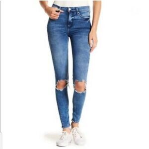 FREE PEOPLE TURQUOISE  BUSTED KNEE JEANS