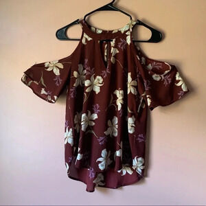 Maroon Red V Neck Cut Out Choker Shoulder Floral Blouse - Summer Chic 1-003