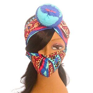 MULTICOLORED AFRICAN PRINT TOP KNOT HEADBAND WRAP AND FACE MASK SET