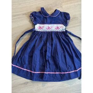 Girl's Marmellata Dark Blue‎ Dress/ White Polka Dots & Pink Smocked Whales Sz: 5