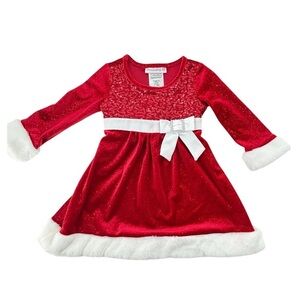 Bonnie Jean Red Toddler Girl Sequin Bodice Santa Dress White Fur Trim 18 Months