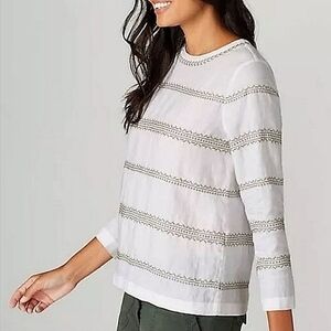 J. JILL - 'LOVE LINEN' White/Sage Brush Embroidered Striped Top-Size Medium