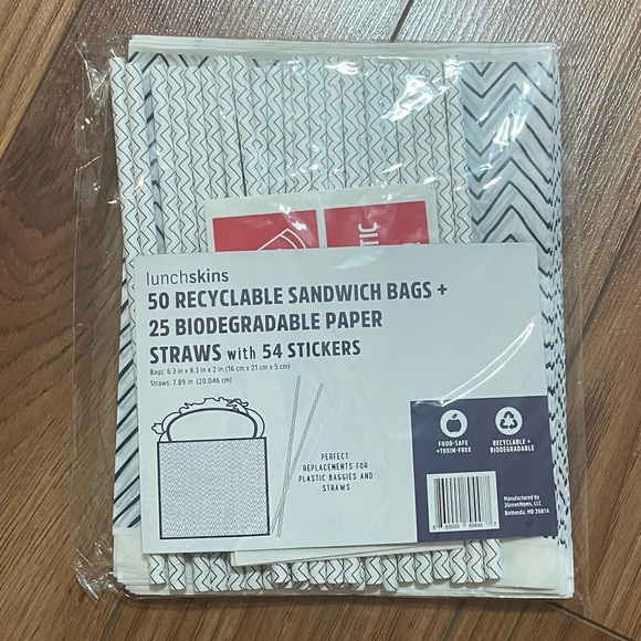 🆕 Lunchskins Recyclable Sandwich Bags & Paper Straws with stickers geometric - Picture 2 of 3