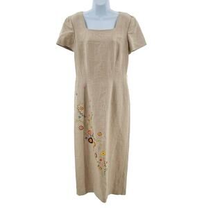 Donna Morgan Beige Linen Embroidered Button Back Sheath Dress Women Sz 10