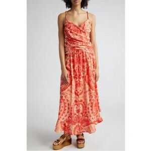 Farm Rio Maxi Dress Red Jaipur Crossover Linen Viscose Blend Cruise