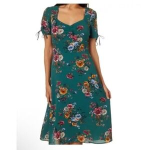 Green Floral‎ Knee Length Dress Ruched Sweetheart Romantic CottageCore Medium