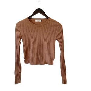 Aritzia Babaton Sandy Mauve Ribbed Round Neck Long Sleeve Crop Sweater