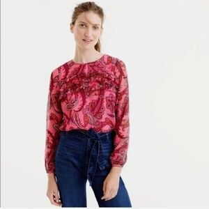 J.Crew Women's Ruffle Front Long Sleeve Pink Paisley Silk Top-Size 00