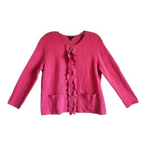 TALBOTS Women's Petite S SP Cardigan Sweater Full Zip Ruffle Hibiscus Pink 36"