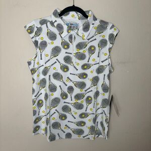 Ibkul Shirt Women's Large‎ White Tennis Printed Sleeveless Quarter Zip Polo